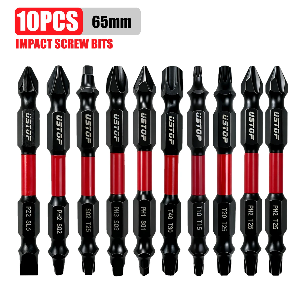 Ustop, Conjunto de 10 Peças de Pontas de Impacto de Dupla Ponta com Múltiplas Especificações (Ph/Sq/Torx/Pz2/Sl6), Pontas Magnéticas Anti-Torção de Alta Dureza para Parafusadeiras, 65mm, Pontas de Broca Elétrica de Aço de Liga S2 Resistentes ao Desgaste, 