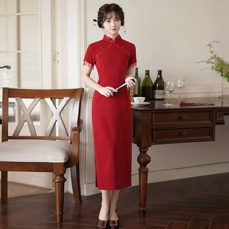 

Sexy Red Jacquard Qipao Women Mandarin Collar Chinese Style Satin Cheongsam 2025 New Improved Female Short Sleeve Dress