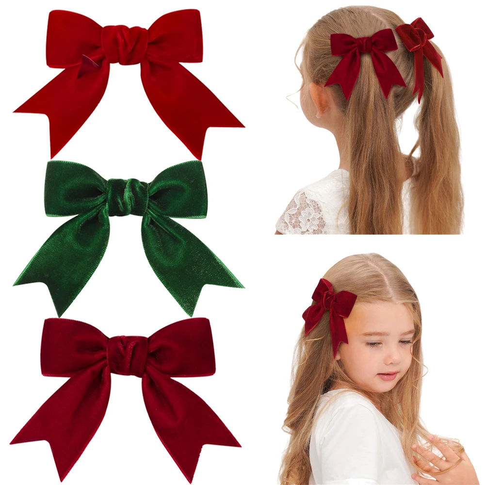 

2 шт., рождественские бархатные ленты, банты, заколки для волос для маленьких девочек, ретро, красная, зеленая заколка ручной работы, головные уборы, новогодние аксессуары для волос