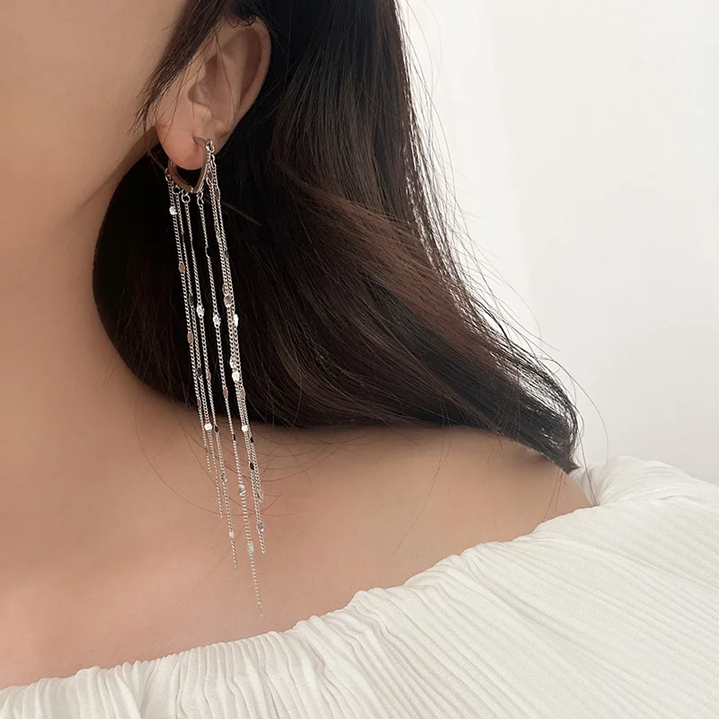 PONYKISS 925 Sterling Silver Chain Tassels Pendant Hoop Earrings for Women Minimalist Geometric Fine Jewelry Trendy Accessories