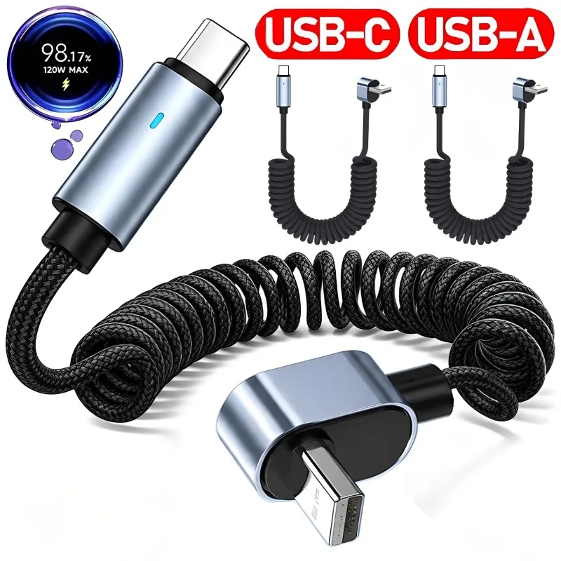 New Elbow Type C To USB Spring Cable Super Quick Charging Coil Data Wire Android Car Charger Cord for iPhone 17 16 15 Samsung
