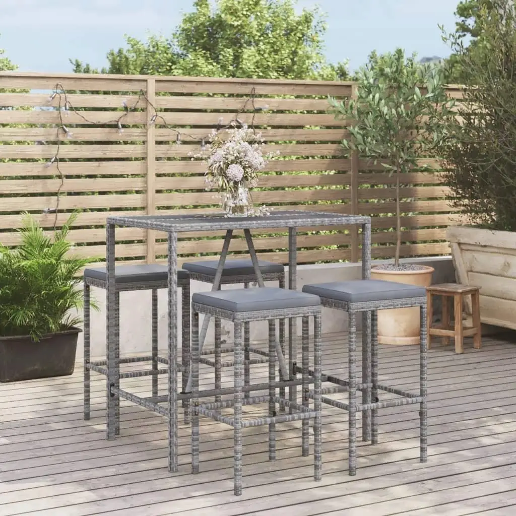 

Garden Bar Set Grey PE Rattan Powder Coated Steel Tempered Glass Outdoor Furniture Modern Design Stylish Patio Bar Stool Set