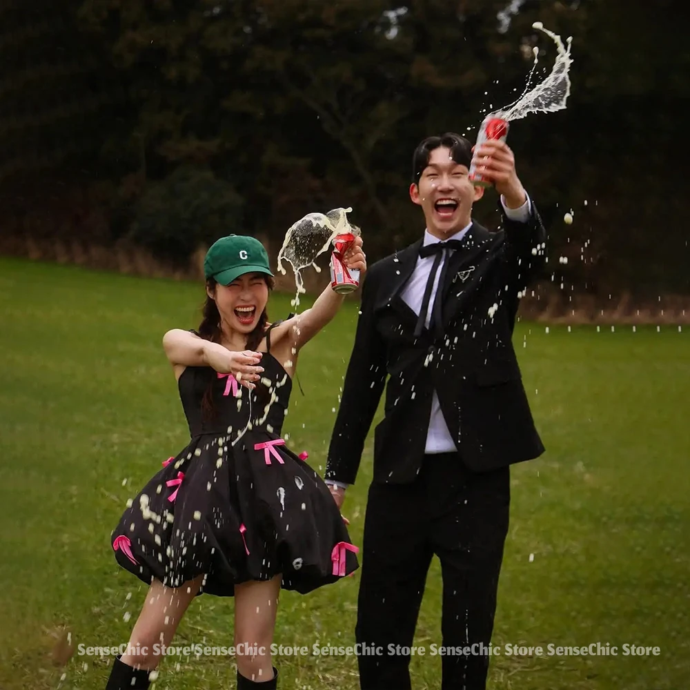 Gaun Malam Mini Hitam Sederhana Gaun Ulang Tahun Formal Elegan Tali Spaghetti Satin Pemotretan Busur Merah Muda Korea Wanita Disesuaikan