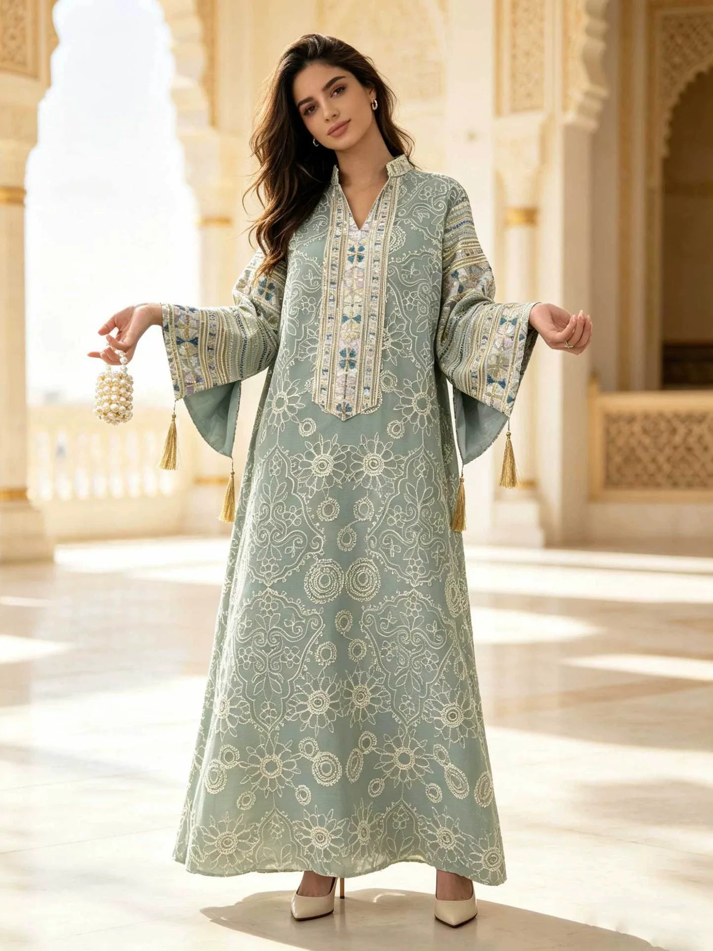 Exquisito Vestido Largo de Red con Lentejuelas y Bordado Uyghur, Estilo Étnico, para Sesión de Fotos en el Desierto, Falda con Borlas, Vestido Maxi Brillante para Mujer