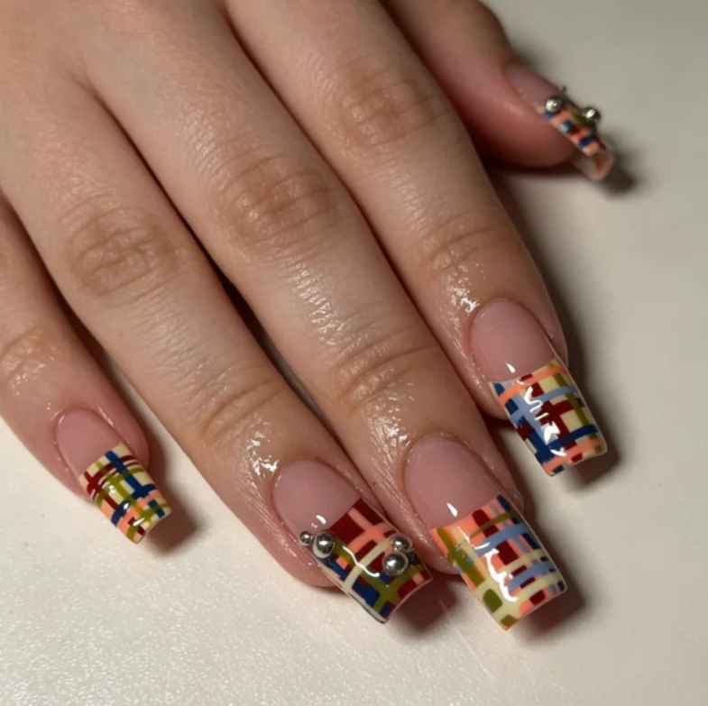 

24PCS Square Press on Nails Nude Base Multicolor Plaid French with Silver Bead Decor Retro Sweet Cool Style Reusable False Nails