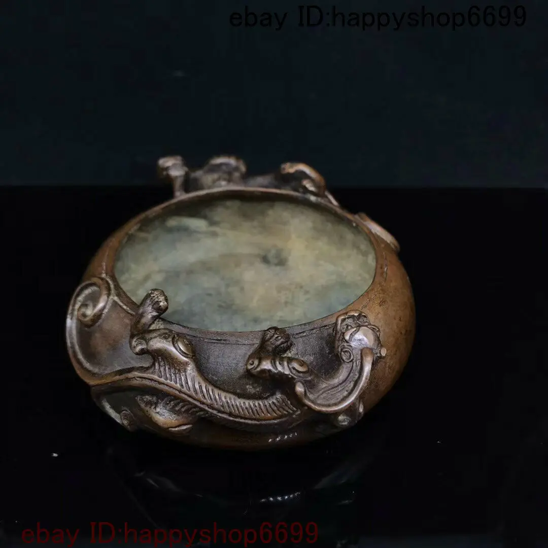 Old Chinese Copper Bronze Dragon Beast statue Pen Wash Incense Burner Censer