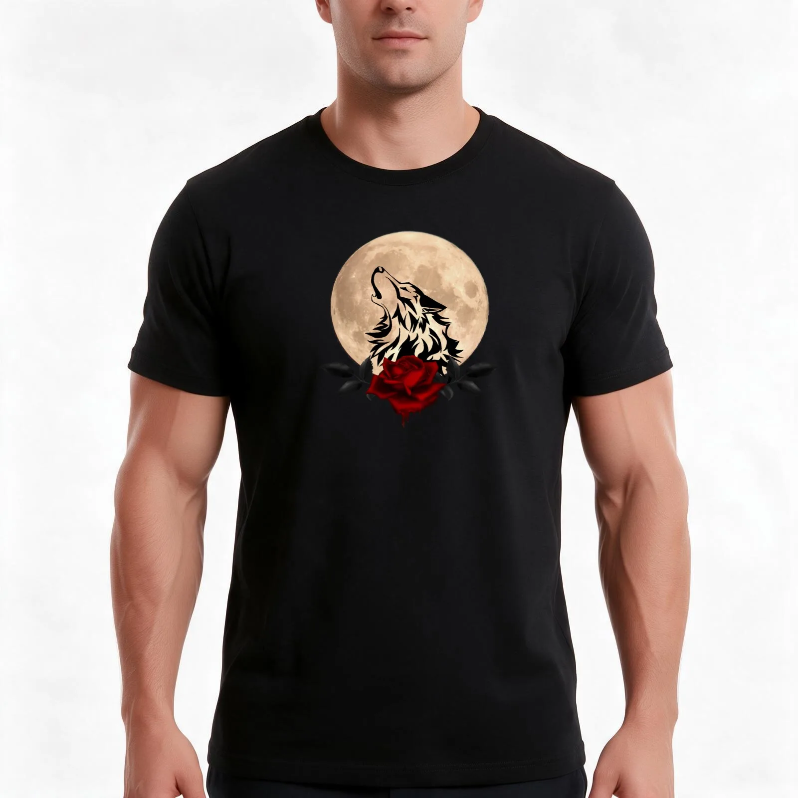Wolf and bleeding rose T-Shirt, Summer Casual Cotton Tee, Oversized Streetwear Tops, Vintage Graphic Print, Unisex Men Women