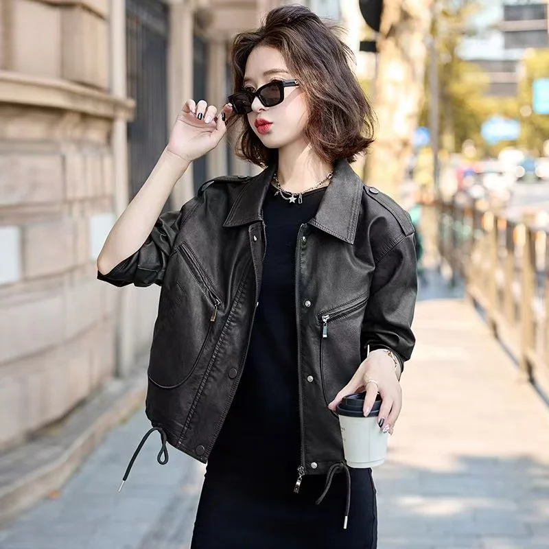 2025 High-grade PU Leather Female Jacket Short Faux Leather Women Coat Locomotive Leather Ladies Outwear