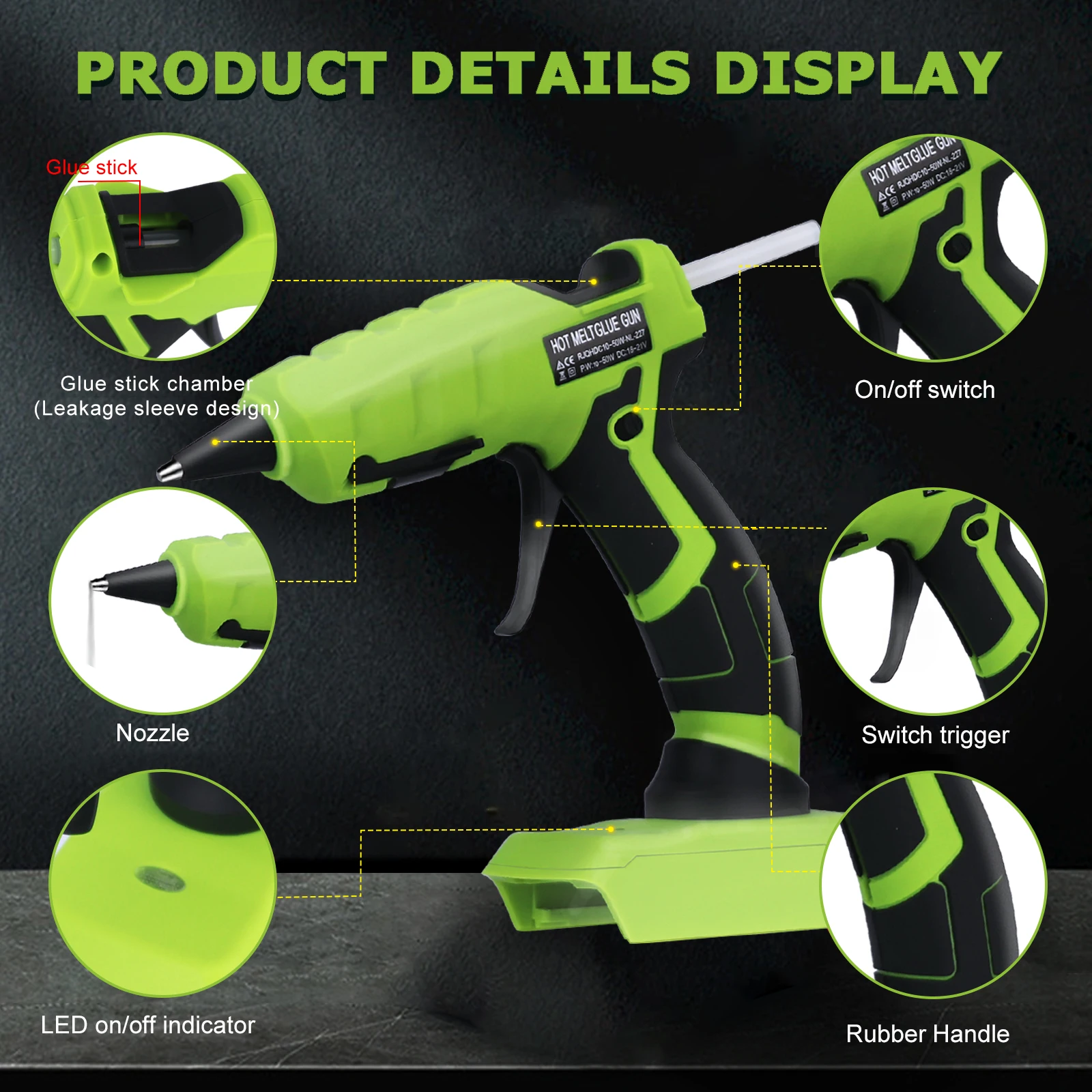 ปืนกาวร้อนละลายไฟฟ้า50วัตต์พร้อมแท่งกาว30ชิ้นสำหรับสีดำและดาดฟ้า14.4-20โวลต์เครื่องมือซ่อมแซมลิเธียมแบตเตอรี่โทรศัพท์สูงสุด