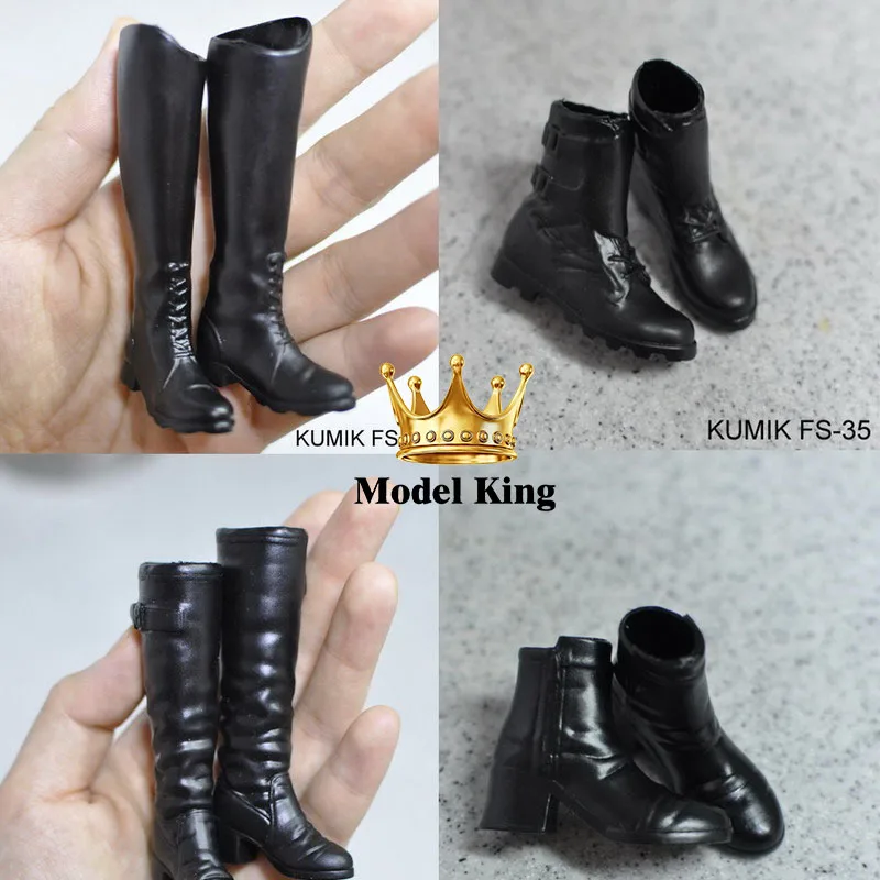 KUMIK 1/6 Fashion Trend Handsome Black Long Boots Pointed Female Hollow Leather Shoes 12