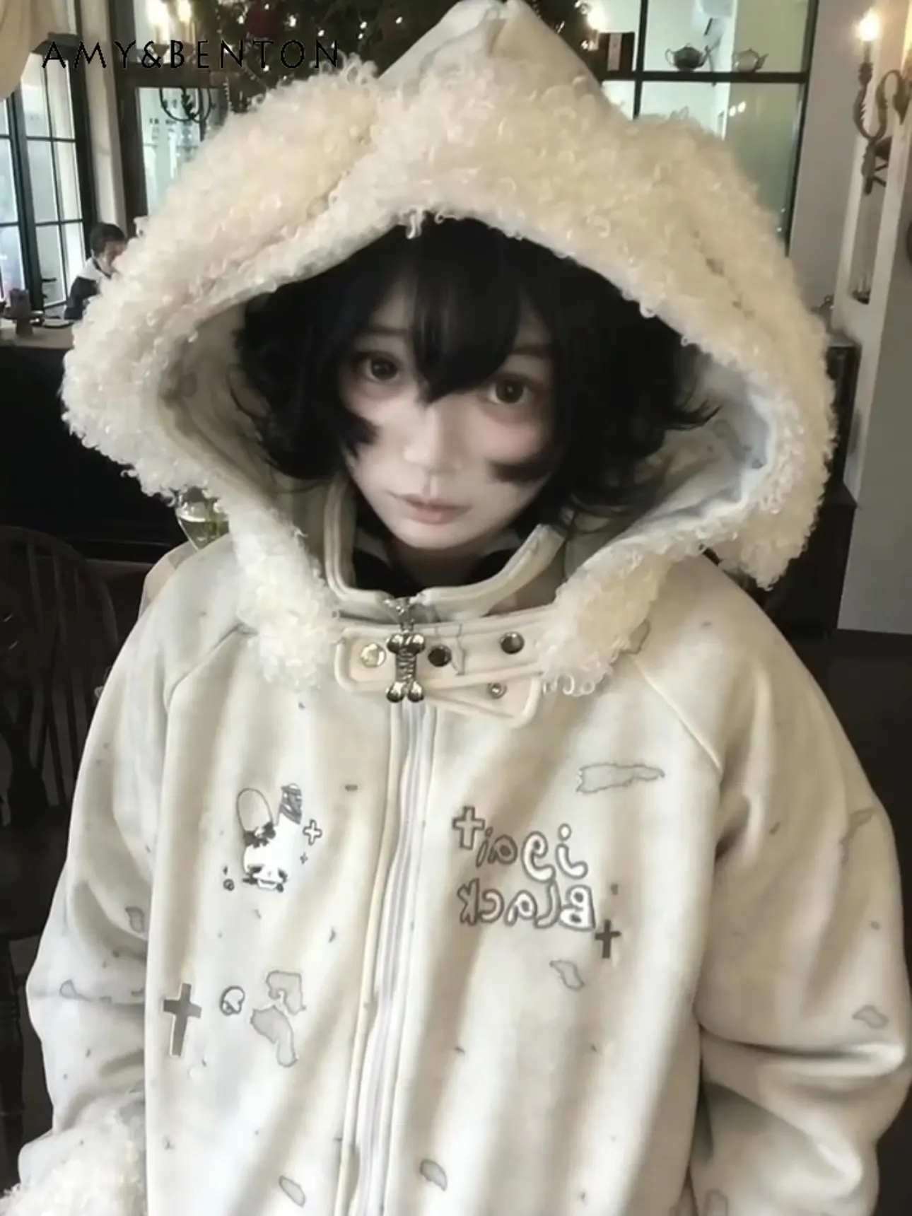 

Spring Autumn Cartoon Embroidered Fur Collar Hooded Sweatshirt for Women Loose Casual Fleece-Lined Design White Cardigan Jacket