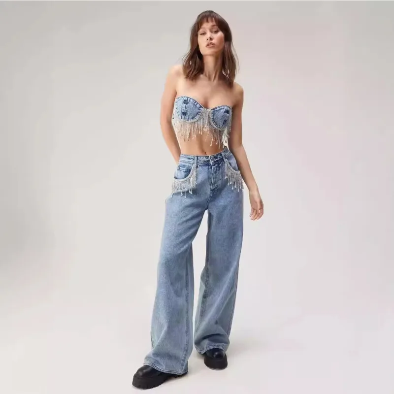 

2024 new spicy girl personality tassel diamond chain decoration strapless vest straight leg wide leg pants distressed jeans set