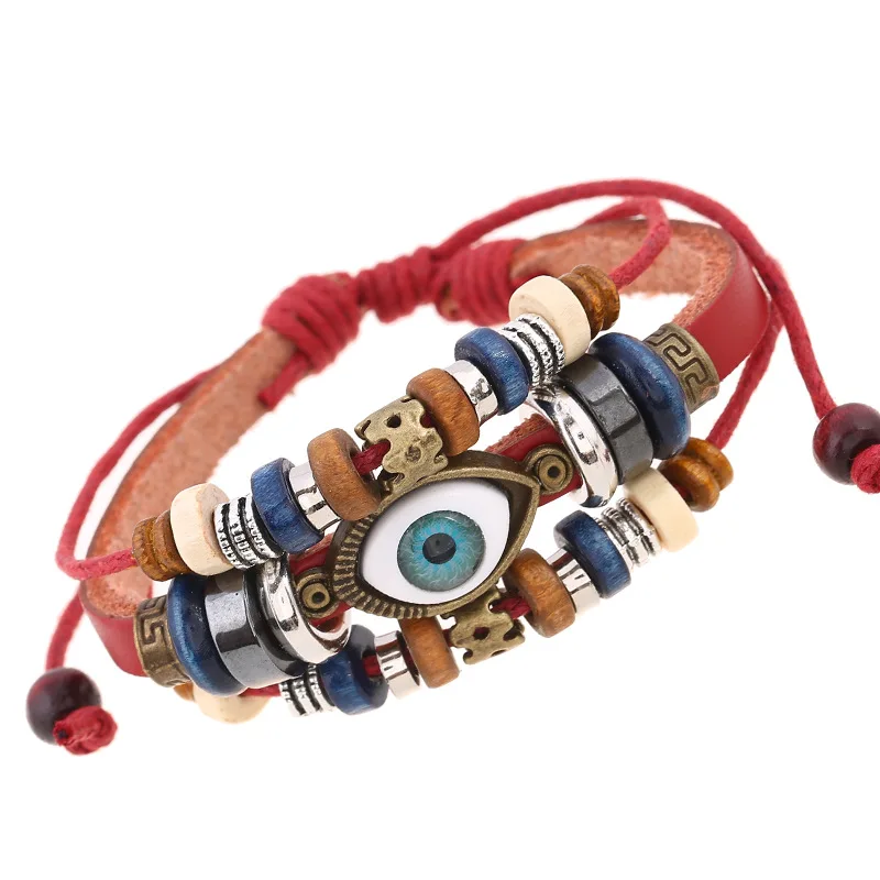 New fashion beaded eyes cowhide bracelet men's and women's draw-adjustable couple leather bracelet anniversary small gift