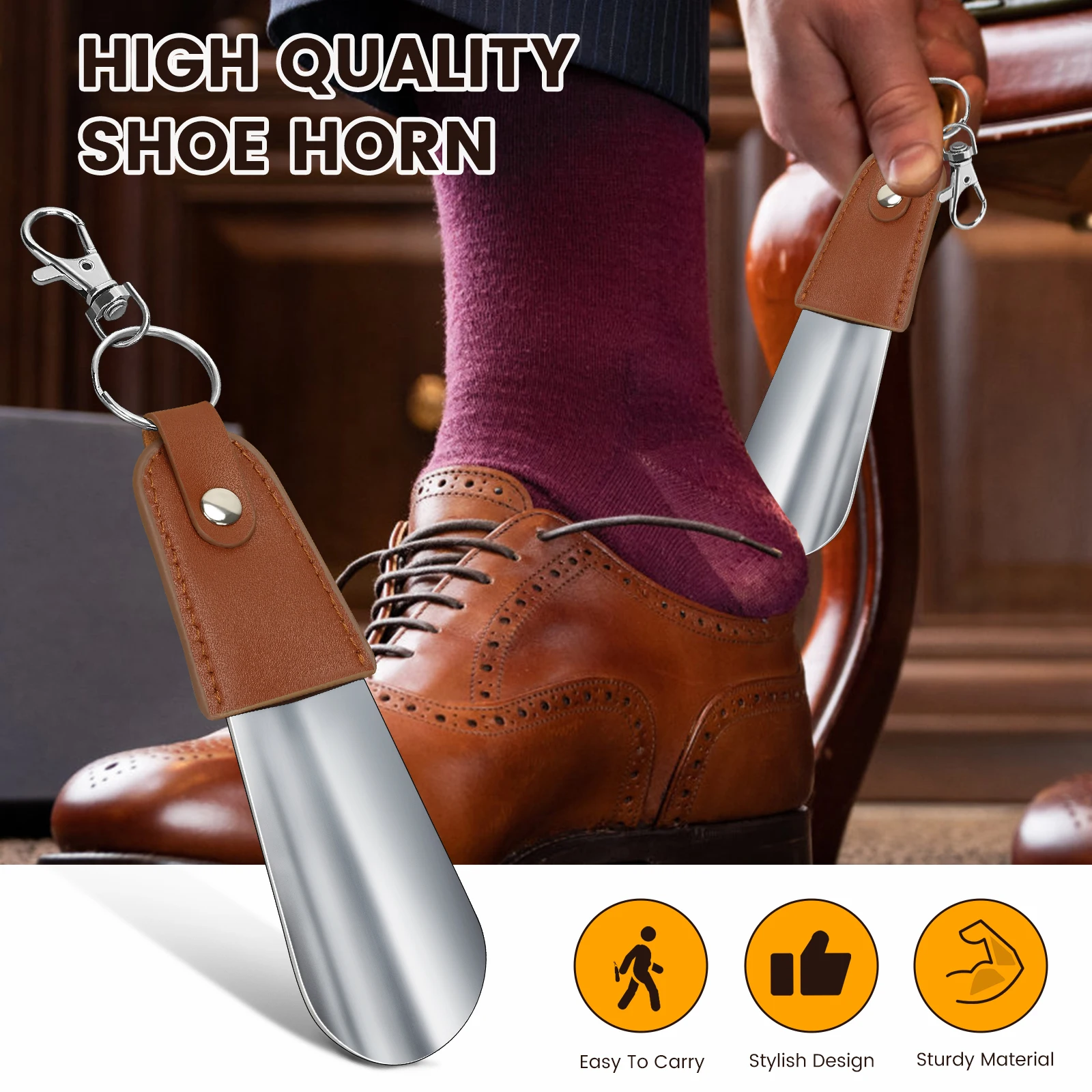 Metal Shoe Horn Mini Shoe Lifter Portable Travel shoes spoon for seniors with Leather Handle Deduction Shoehorn for Keychain