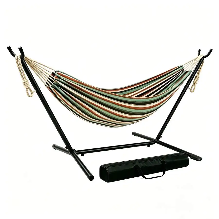 Camping 2-Person Hammock 600LBS, Portable Steel Stand Set For Outdoor Lawn Terrace, Blue & Black Stripe