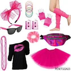 80's Head Button Glasses Earrings Bracelet Velvet Sash Gloves Kneepad Fanny Pack T-Shirt Skirt Bead Chain 11 Piece Set
