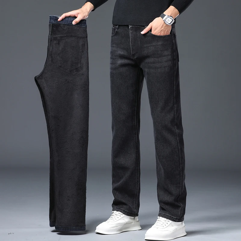 New Winter Men Black Straight Stretch Denim Thick Velvet Pants Warm Jeans Casual Fleece Line Trousers Male Plus Size 40