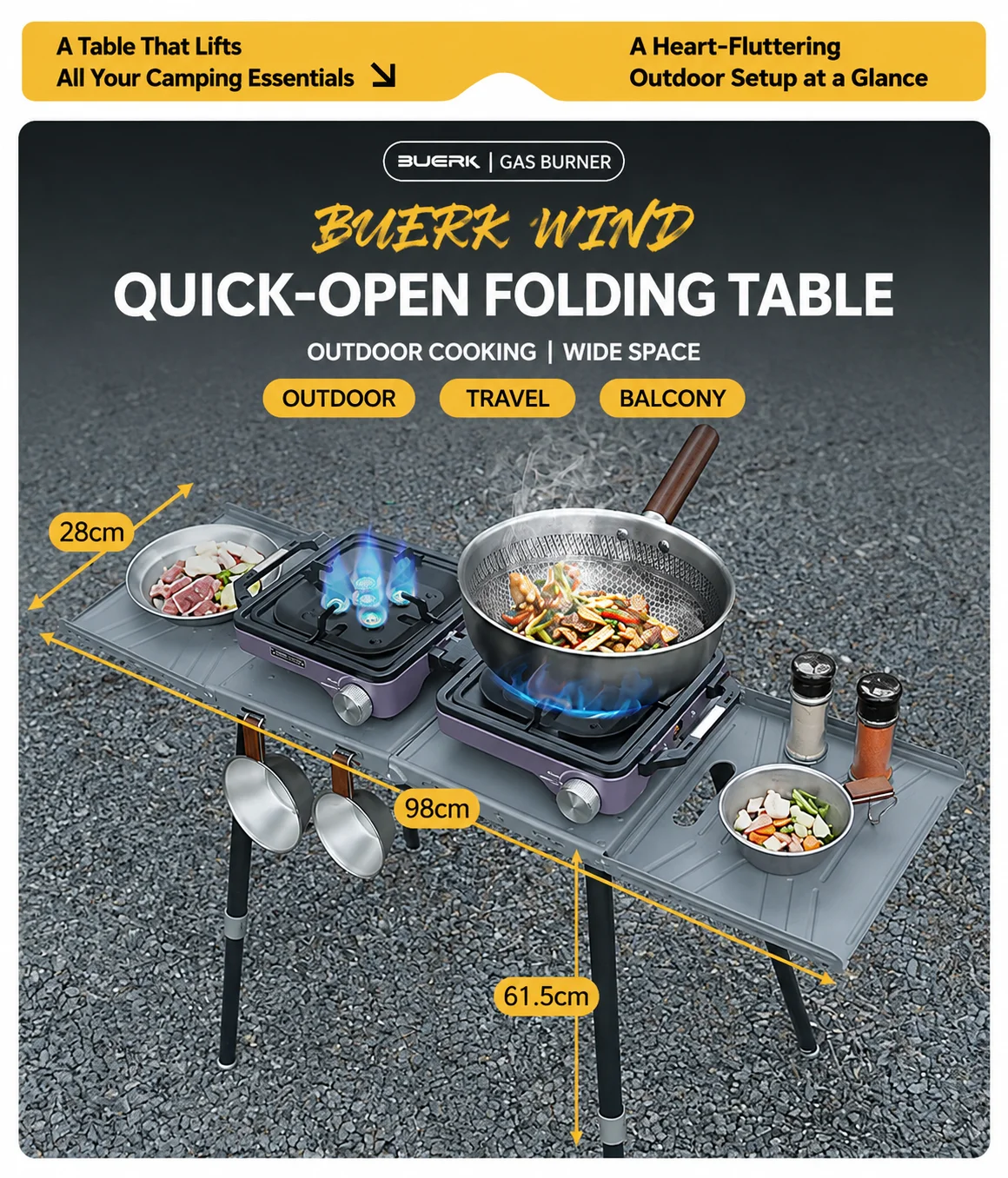 Klappbarer Campingtisch, leichter Outdoor-Tisch mit 4-stufig verstellbaren Beinen, multifunktionaler Kochtisch, Windschutz & Tasche – Detail 1