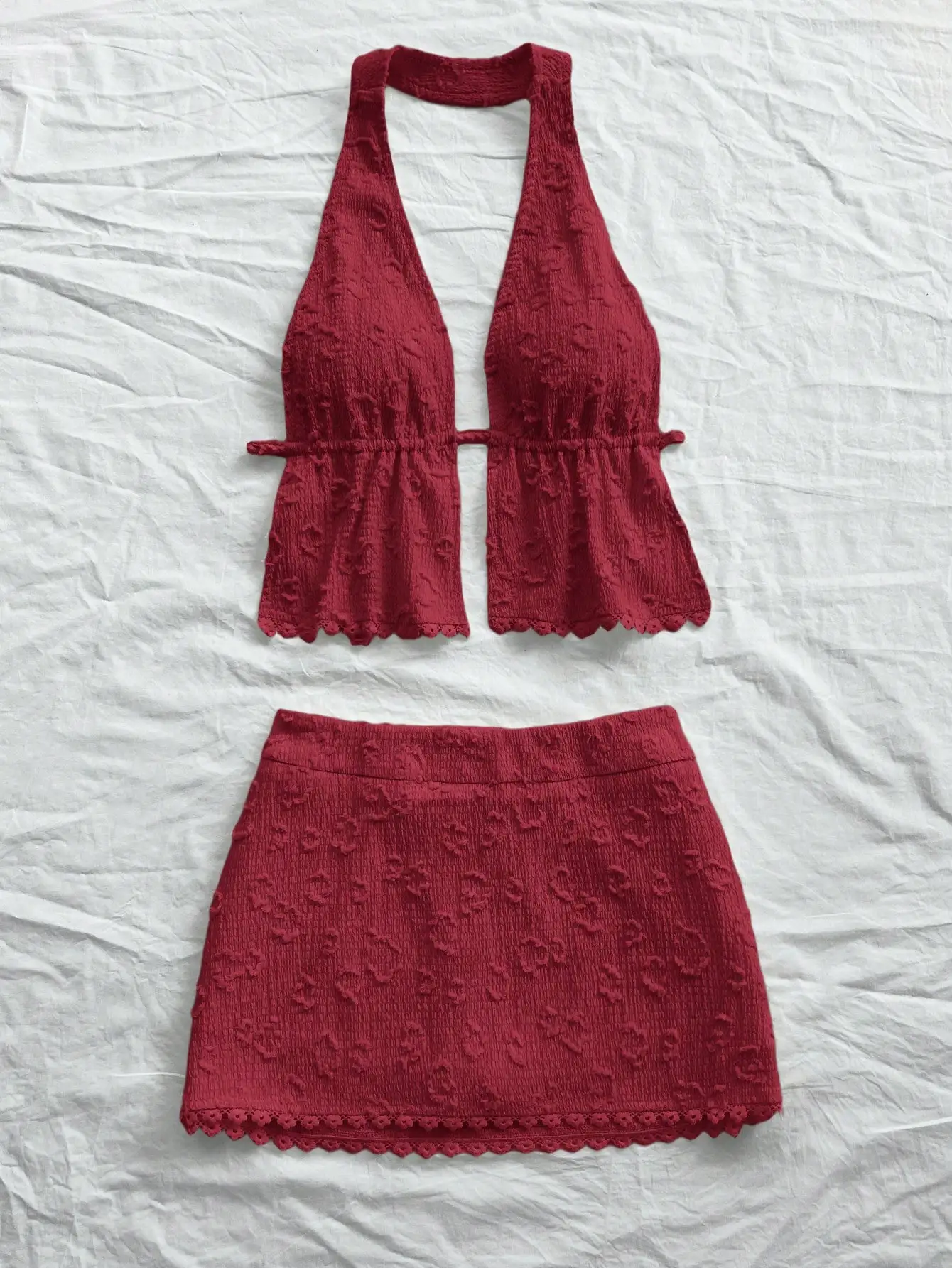 

Women's Textured Floral Lace Trim Halter Backless Tie-Up Cropped Top And Mini Skirt Set