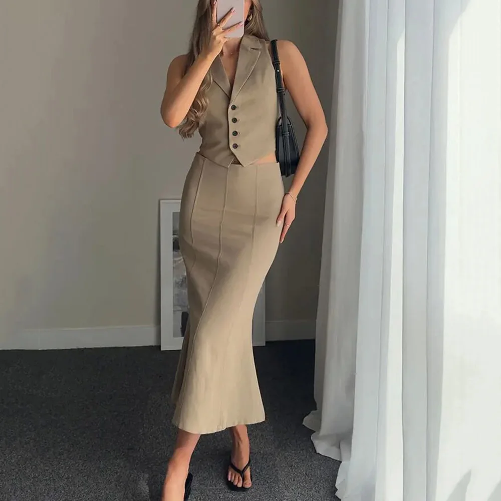 Women Fashion Skirt Suit Solid Turn-down Collar Sleeveless Vests Single Breasted Back Lace-Up Top High Waist Skirts Sets