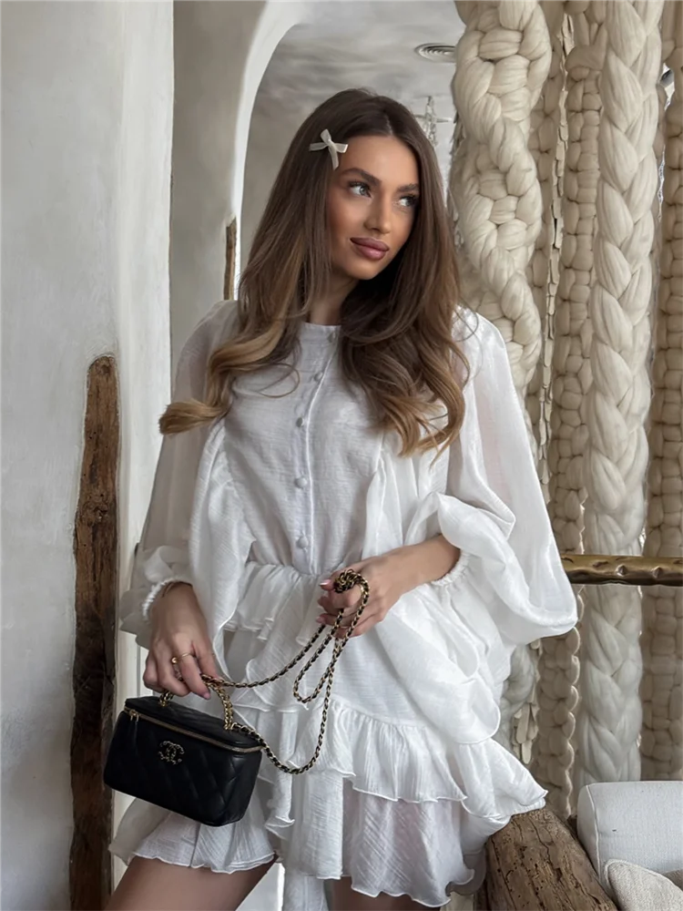 

Bubble Sleeves Ruffle Edge Short Dress Woman Pleated Solid Color Loose Round Neck Dresses Elegant Commute Women's Mini Dress