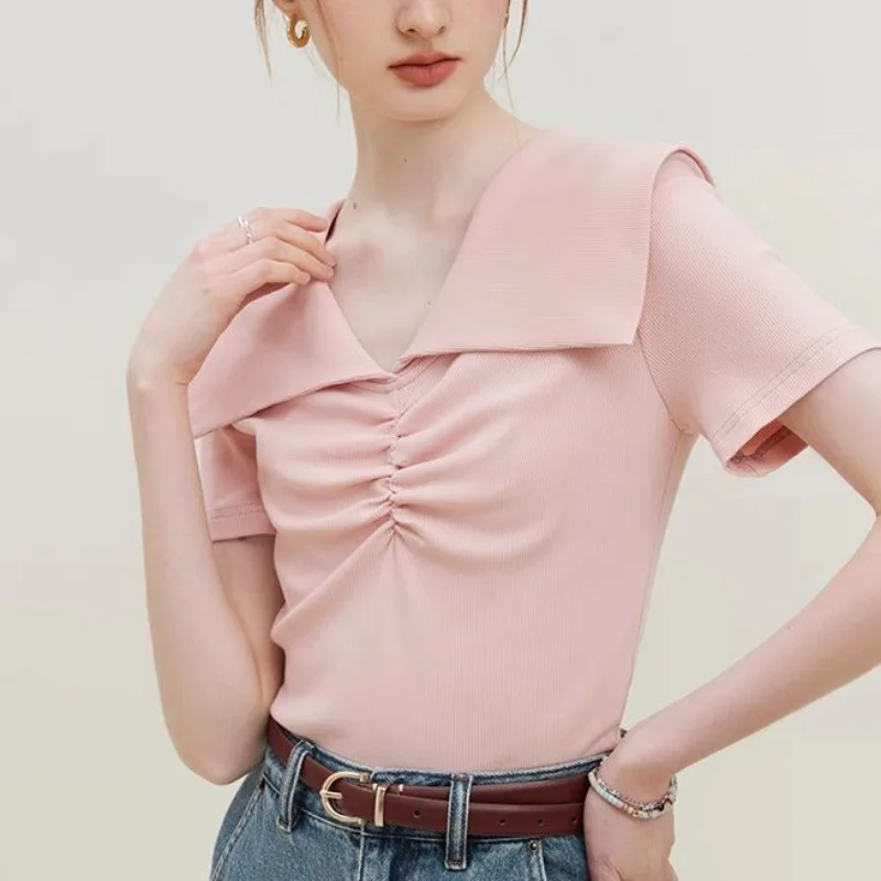 

Women's Pink Large Lapel V Neck Short Sleeve Ruched Ribbed Slim Fit Casual Top