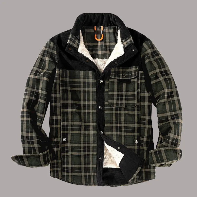 Fall Winter Men\'s Fleece Flannel Classic Plaid Jacket Camping Warm Lining Fleece Thick Cotton Buttons Shirt Jacket Male Clothing