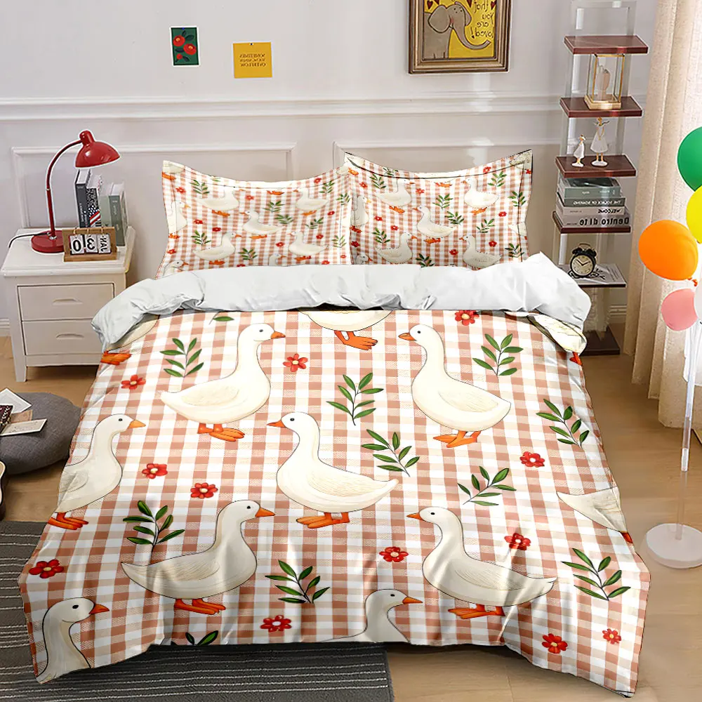 

White Geese with Checkered Pattern Decor Printed Duvet Cover Set 1 Duvet Cover+2 Pillowcase Multi Size Bedroom Bedding Decor