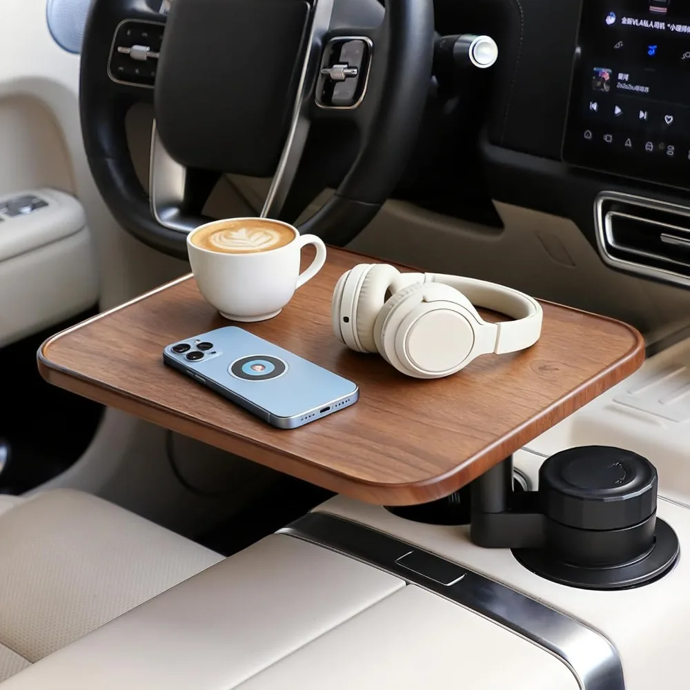 

360 Degree Rotating Car Wood Tray Cup Holder Table for Laptop Tesla Ford F150 Explorer Compatible with Most Vehicles