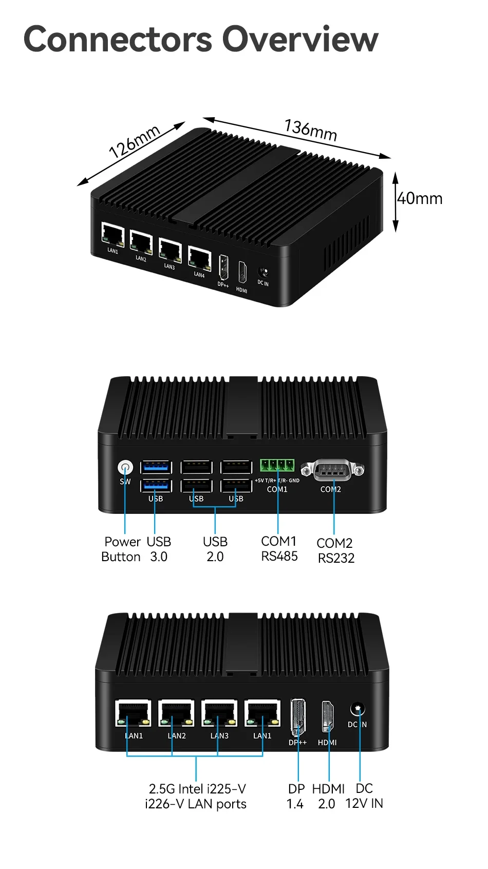 Mini komputer Intel Processor N100 Bezwentylatorowy przemysłowy 4x porty LAN 2x COM RS485 RS232 Win11 Linux Pfsense Firewalls Soft Router