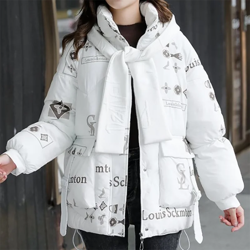 Winter Women Loose Print Cotton Coat Hooded Spliced Fashion Vintage Elegant Thicken Jacket Female Drawstring Casual Warm Parkas