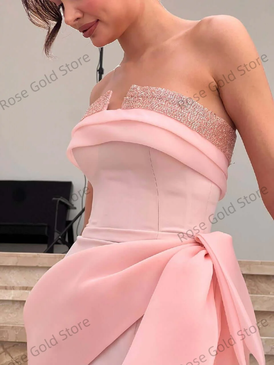 Boho rosa sereia vestido de noite para mulheres personalizado sem alças miçangas vestido de fiesta plissados até o chão vestidos de festa de baile