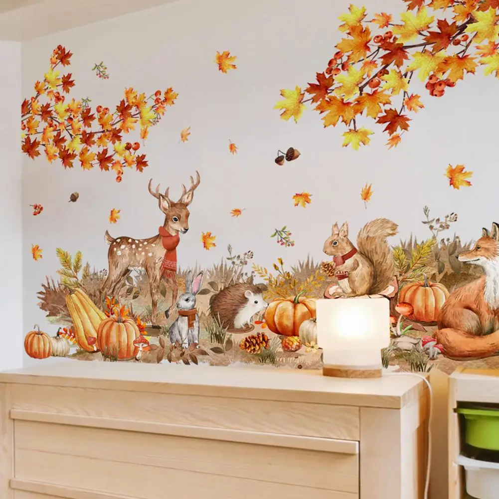 Smooth Surface Decoration Thanksgiving Pumpkin Fall Maple Leaves Wall Decal Set with Woodland Tear-resistant Easy to for Home