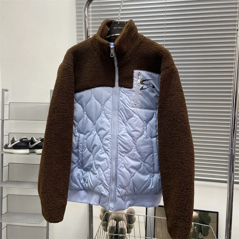 خليط القطن Jaet الرجال الشتاء المطرزة رسالة لامب المخملية Thiened معطف غير رسمي محايد بسيط الأزرق البني الربط