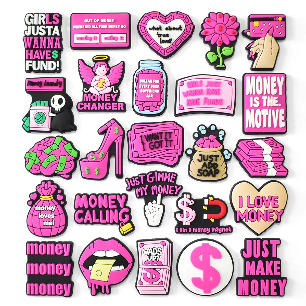 New Product Edgy Pink Black Cash Themed soft PVC detachable shoe charms decorative pins for hole clogs footwear accessories