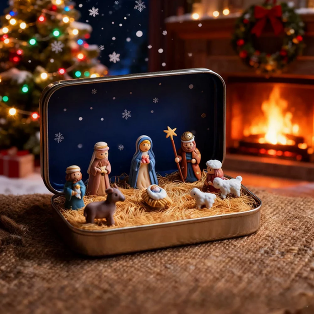 2025 nuevo Mini juego de Natividad de Navidad en caja de pesebre de estaño para hombres, mujeres, regalos de fiesta de cumpleaños para niños, adornos bonitos
