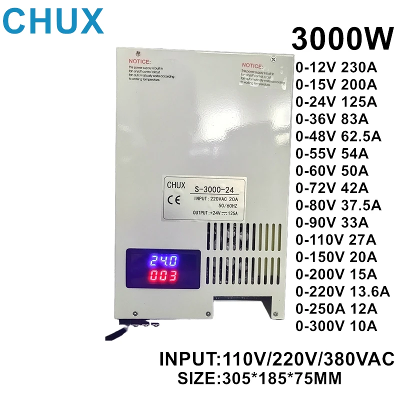 CHUX  3000W DC Switching Power Supply Adjustable Output 12V 15V 24V 36V 48V 60V 72V 80V 100V 220V 300V AC to DC Led Dispaly SMPS