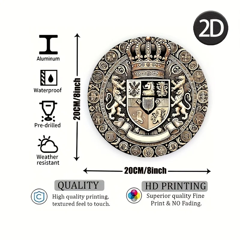 2D Flat - [Enable ] 2D Flat2D 3D Effect Medieval Shield Mural - Foil Decorative Hanging Metal Sign with Crown And Lion Design -