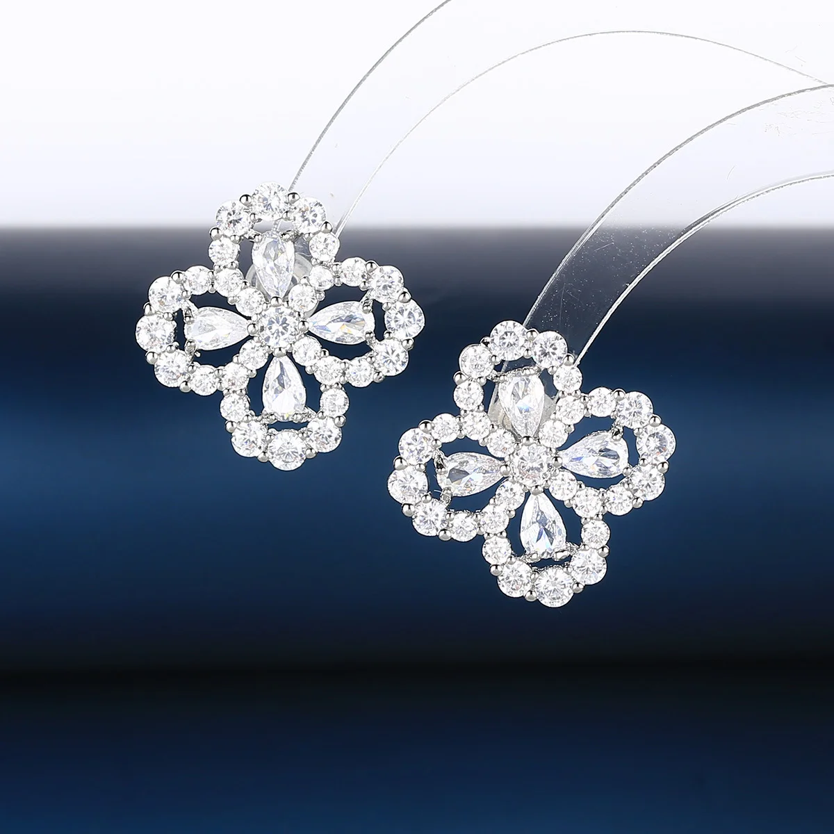 

925 Silver Luxury Flower CZ Stud Earrings for Women, Silver Plated Clear Crystal Floral Earrings, Bridal Party Jewelry