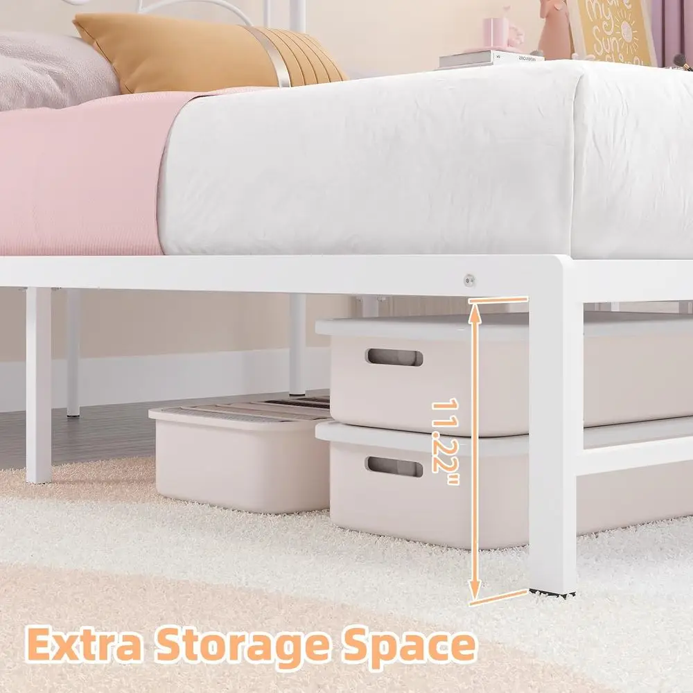 Full Bed Frame with Headboard Metal, Full Size, 11.2 Storage, No Box Spring, Easy Assembly, White