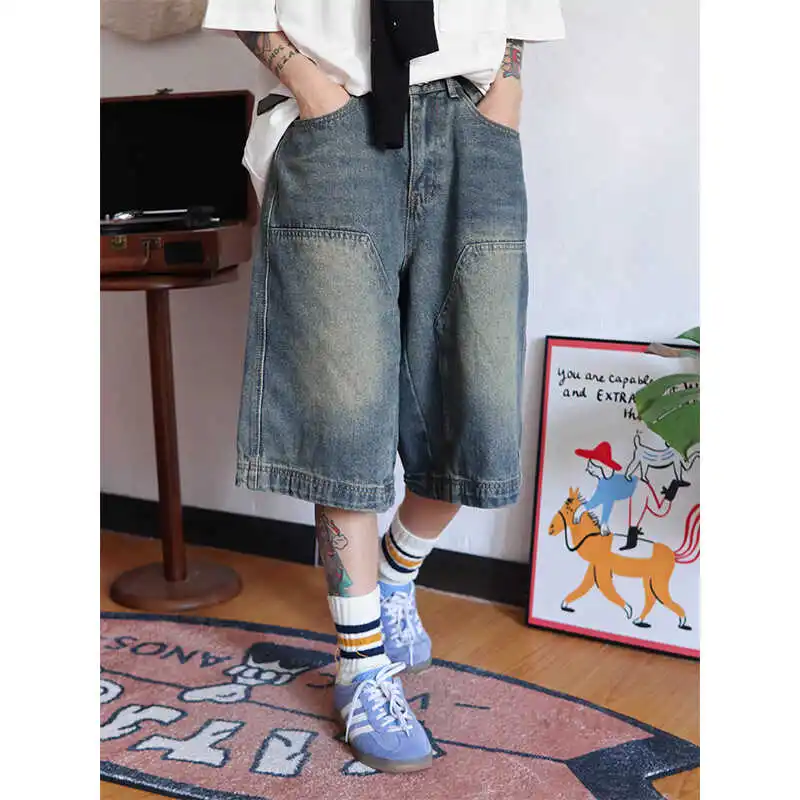 

Summer Denim orts Men's Women's Straight American Retro Wa High Street Wide Leg Vintage Casual Versatile Seven-Foot Pants