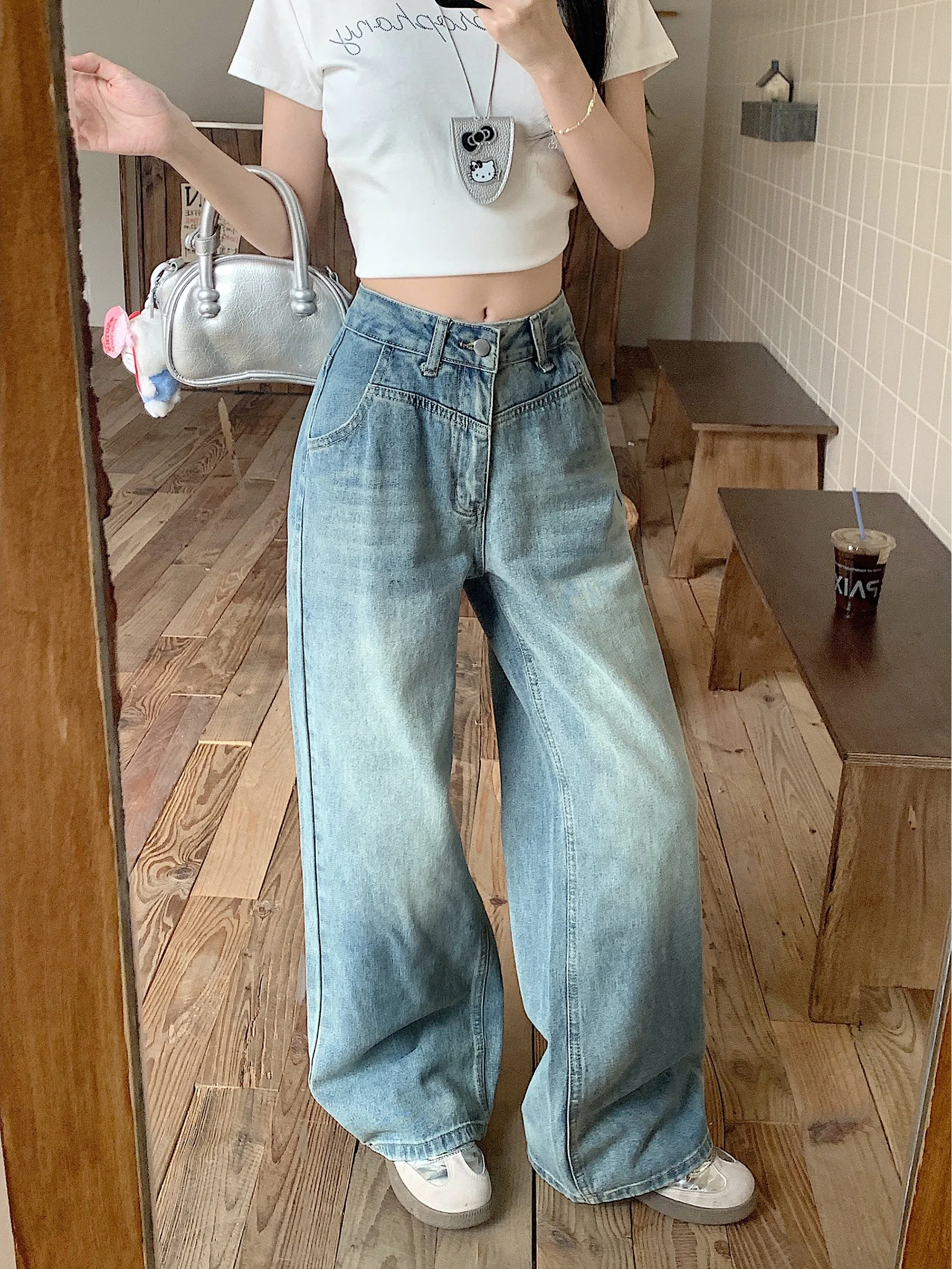 

Light Blue High Waist Loose Wide Leg Jeans Women's Summer New Straight Cut Denim Pants Casual Sle Multi ket Button Closure