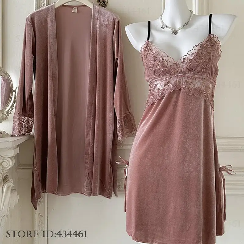 

Sexy Nighty&Robe Set Nightgown Lingerie Autumn New Velvet Female Sleepwear Home Clothes Patchwork Lace Nightdress Lounge Wear