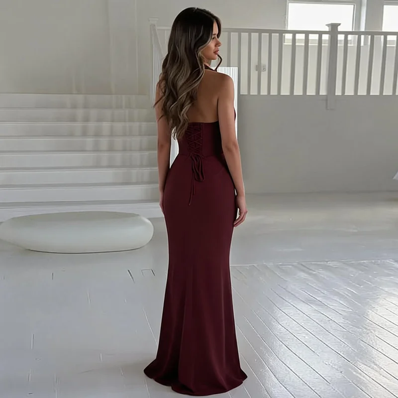 Hugcitar Damen Elegantes Neckholder-Kleid mit V-Ausschnitt, Sexy Maxikleid mit Knöpfen und Schnürung, Sommerkleid, Damenmode-Outfit für Geburtstagsfeier und Festival – Detail 13