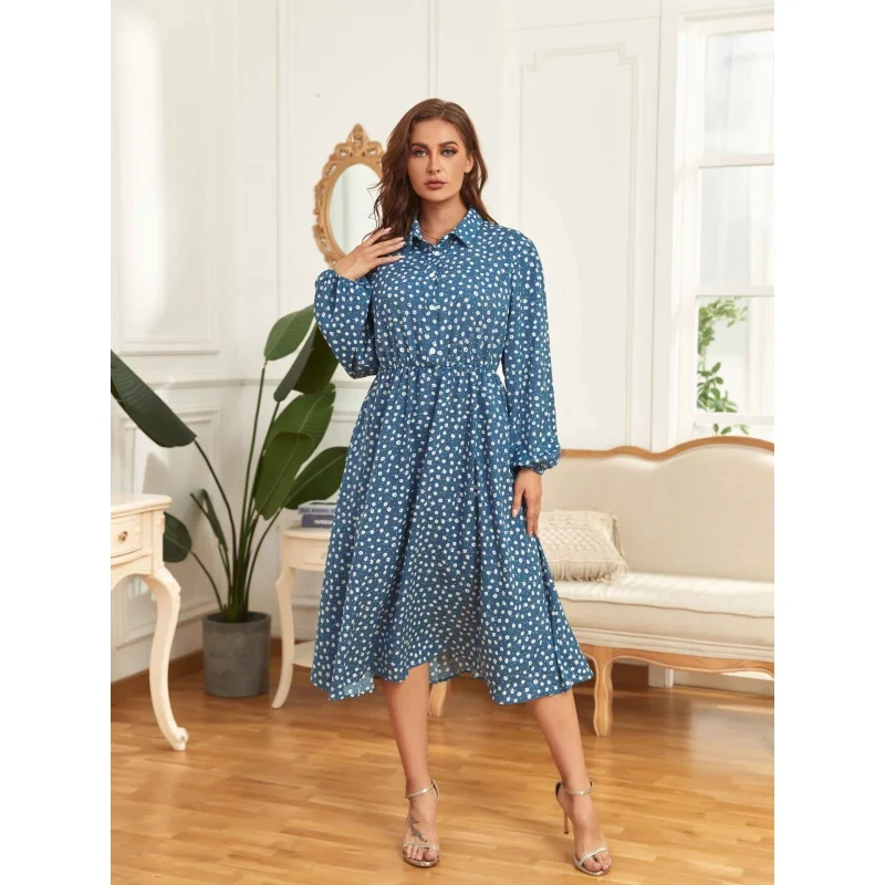 

Plus-Size Women Polka Dot Loose Long-Sleeved Dress Spring