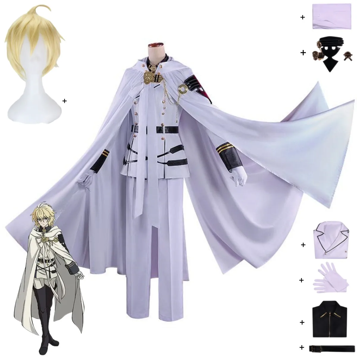 

Anime Seraph of The End Mikaela Hyakuya Cosplay Costume The End of The Seraphim White Cloak Uniform Wig Man Woman Halloween Suit