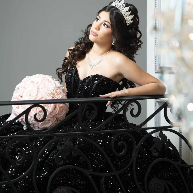 Luxury Black Quinceanera Dress 2024 Princess Off The Shoulder Sequined Sweet 15 Birthday Party Gown Vestido 15 De Años