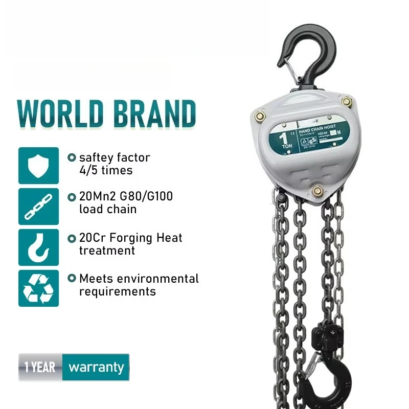 

360 ° rotating hook 1 ton 2200 lbs lifting capacity, manual chain hoist 10 tons lifting capacity, gray with double pawl brakes