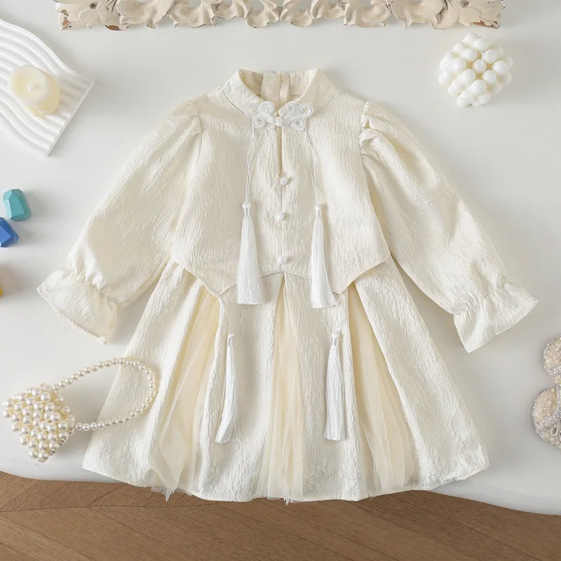 

New Summer Girls' New Chinese Style Children's Clothing Mesh Tassel Cheongsam Long Sleeve Dress