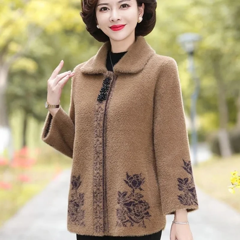 Middle Aged Elderly Women\'s Thicken Cardigan Sweater NEW Autumn Winter Imitation Mink Velvet Sweater Coat Laper Knitted Jacket